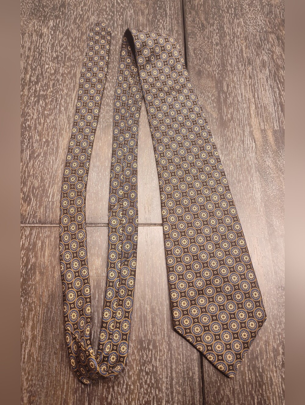 Robert Talbott Tie with Blue, Gold and Black Medallion Pattern
